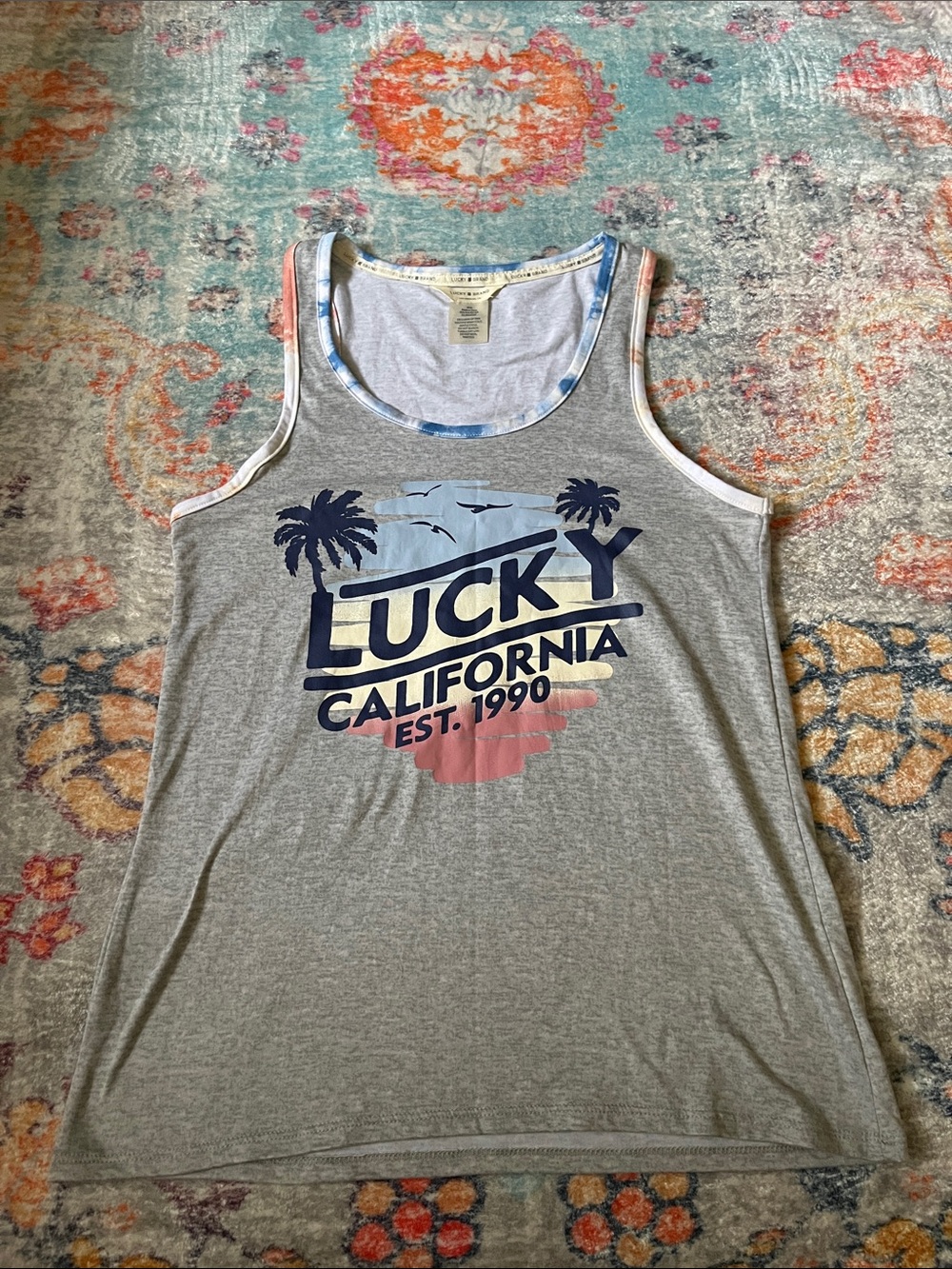 Lucky Brand Gray Tank with Navy & Pastel Sunset Graphic